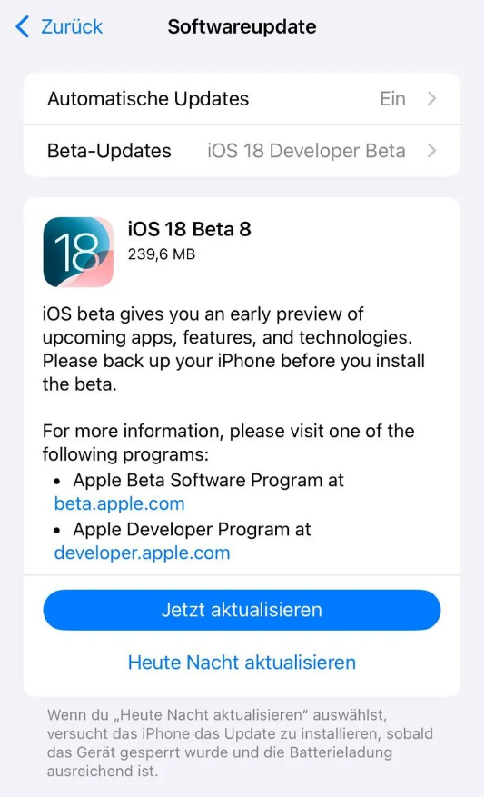 西双版纳苹果手机维修分享苹果 iOS / iPadOS 18 开发者预览版 Beta 8 发布 